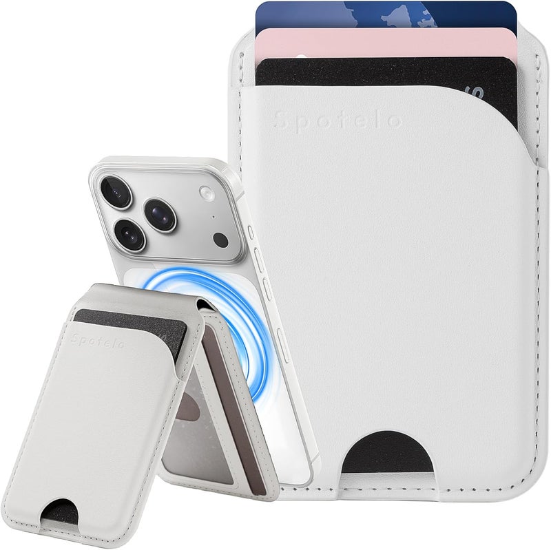 Spotelo Magnetic Card Holder, White 3-Slots Slim Magnetic Wallet for iPhone with RFID Blocking, Adjustable iPhone Wallet Stand for iPhone 17/16/15/14/13/12/ Series, Not for iPhone 13 / 12mini - Image 1